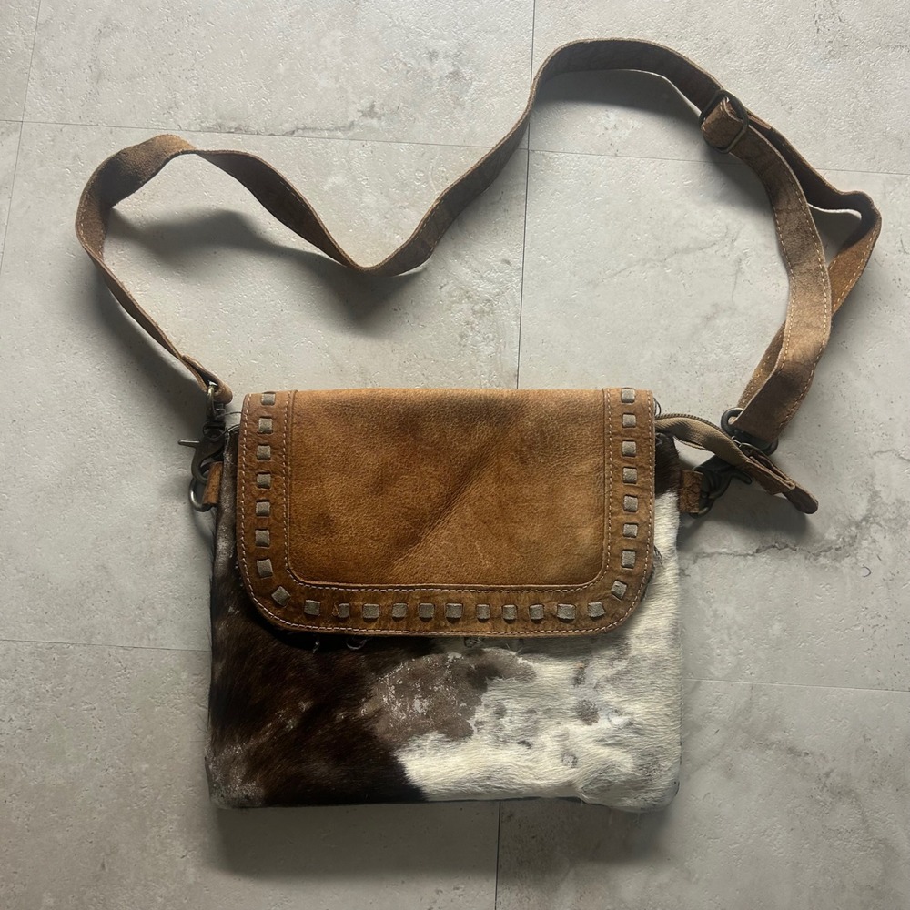 Myra Bag Cowhide Leather Canvas Crossbody Bag Brown White Western Small S1383